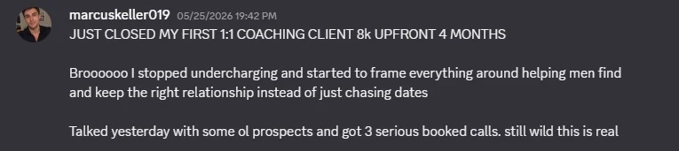 Marcus, first 1:1 client, $8k upfront