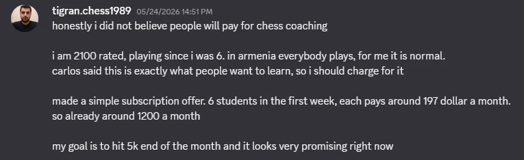Tigran, 6 chess students, ~$1,200/month